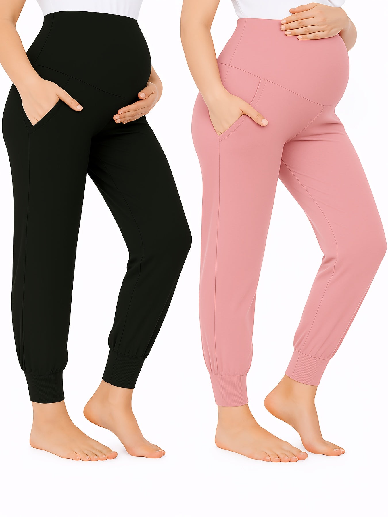2pcs Women's Maternity High-Waisted Stretchy Pants - 95% Rayon 5% Spandex Tummy Control Elastic Waistband, 7/8 Length with Pockets for Running, Lounge & Postpartum - All-Season Comfort (Black & Grey), Maternity Pants, Pregnancy Clothing, Solid Color Pants