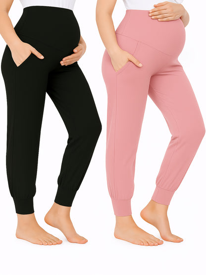 2pcs Women's Maternity High-Waisted Stretchy Pants - 95% Rayon 5% Spandex Tummy Control Elastic Waistband, 7/8 Length with Pockets for Running, Lounge & Postpartum - All-Season Comfort (Black & Grey), Maternity Pants, Pregnancy Clothing, Solid Color Pants