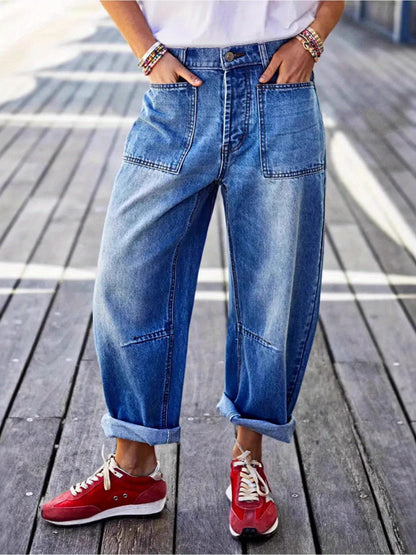 1pc Women'S High- Waisted Baggy Boyfriend Jeans, Vintage Wash Patchwork Pants, Loose Fit Tapered Trousers with Roll- Up Cuffs, Trendy Streetwear Ankle- Length Bottoms Casual Daily Outfits, Comfortable Relaxed Fit Jeans Spring