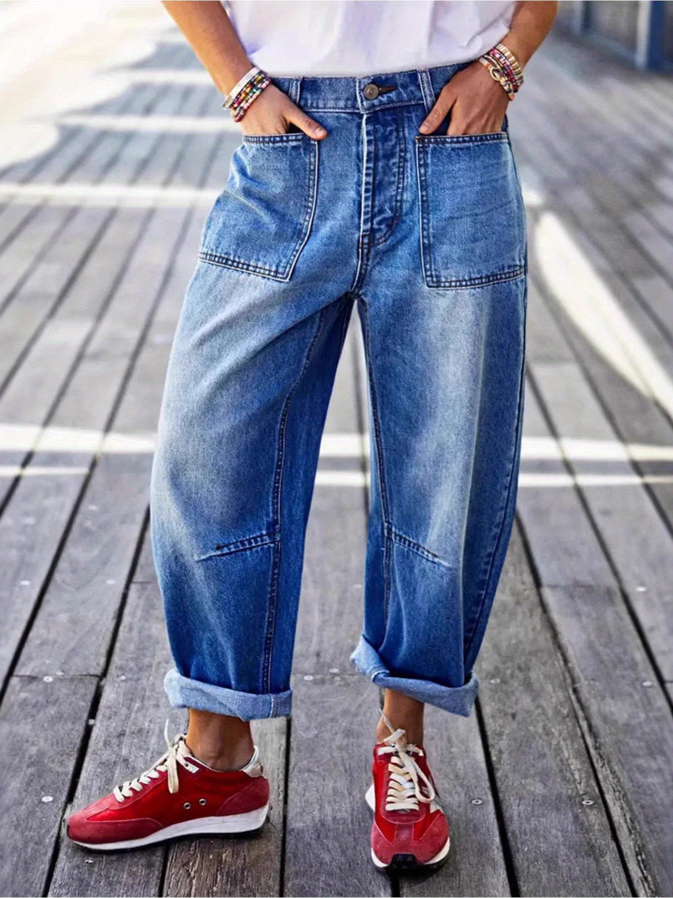 1pc Women'S High- Waisted Baggy Boyfriend Jeans, Vintage Wash Patchwork Pants, Loose Fit Tapered Trousers with Roll- Up Cuffs, Trendy Streetwear Ankle- Length Bottoms Casual Daily Outfits, Comfortable Relaxed Fit Jeans Spring