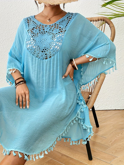 Women's Sexy Crochet Batwing Sleeve Tassel Hem Top - Black Hollow Out Design, Resort Wear Beach Cover-Up, Lightweight Polyester, Perfect for Spring & Summer