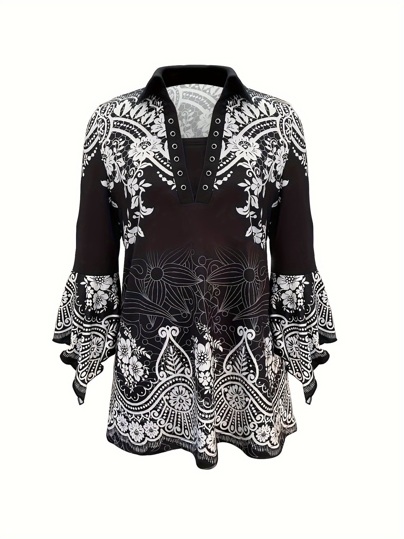 Spring And Autumn New Women Printed Lapel Three-quarter Sleeve T-shirt Irregular Sleeve Button-up Top