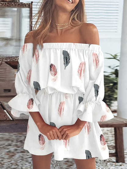Elegant Off-Shoulder Ruffle Blouse with Vibrant Print, Women'S Chic Long Sleeveless Shirt, Perfect for Spring/Summer Casual Or Formal Occasions, Ladies Blouse
