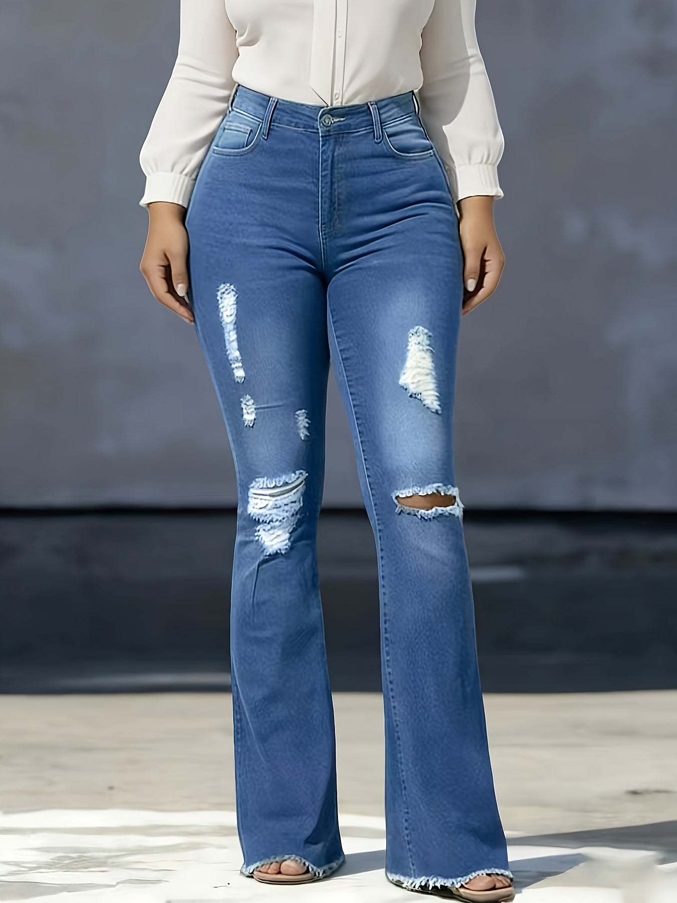 Women's Sexy Ripped Distressed Bell-Bottom Jeans - Mid-Rise Tight-Fit Pants with Full-Length Bell Flare Legs, Beltless & Machine Washable for Casual Outfits (//Daily Wear) - - Wearable in Stock