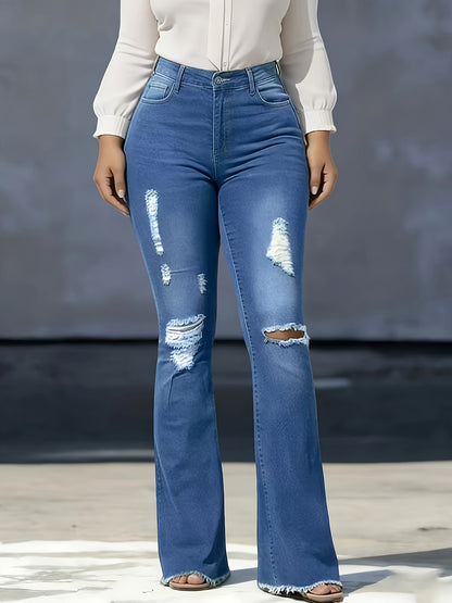 Women's Sexy Ripped Distressed Bell-Bottom Jeans - Mid-Rise Tight-Fit Pants with Full-Length Bell Flare Legs, Beltless & Machine Washable for Casual Outfits (//Daily Wear) - - Wearable in Stock