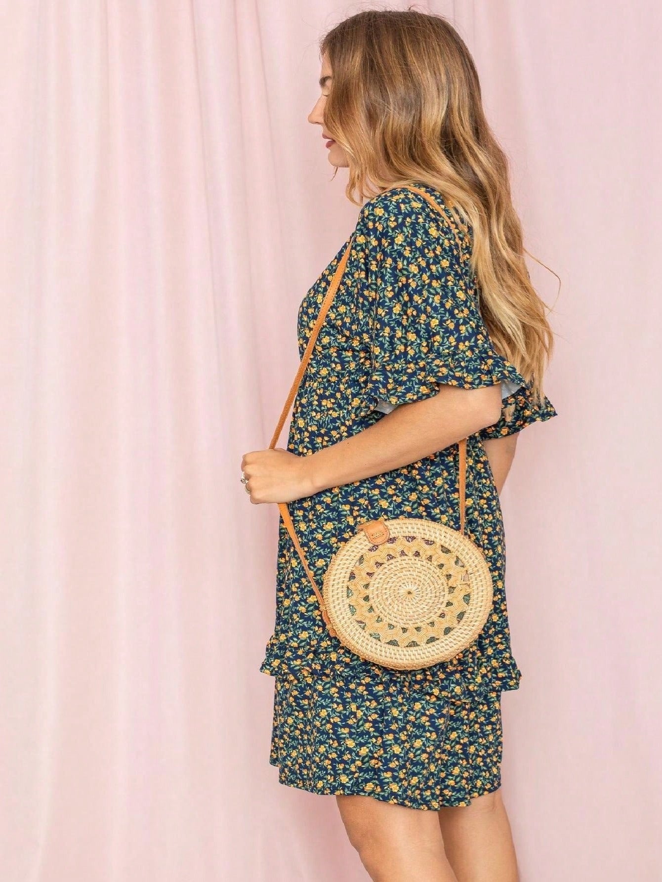 Vintage Boho Navy Pink Yellow White Charcoal Floral Ruffle flutter Trim Midi Dress S-3X