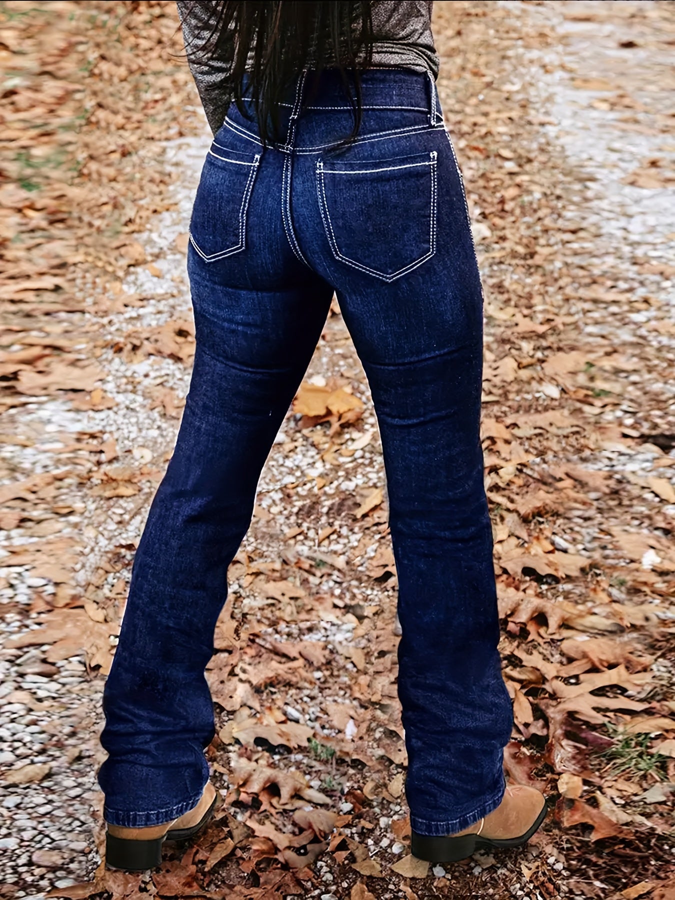[Comfort Fit Denim Pants] Dark Blue Comfort Fit Women's Mid-High Waist Stretchable Flared Denim Pants, Buttoned Detail - Casual to Semi-Formal Wear, Casual Denim Wear|Flared Jeans|Comfortable Fit