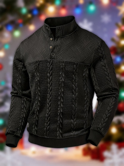 Casual Top for Men in Autumn/Winter, Featuring a Textured Wheat Pattern Fabric, Contrasting Ribbed Edges, And a Zippered Long-Sleeve Henley Design. an Ideal Present for New Year, Valentine'S Day, Or for Your Husband