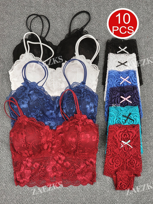 10-Pack Women's Bra and Panty Lingerie Set - Floral Lace Coordinated Style – main product image