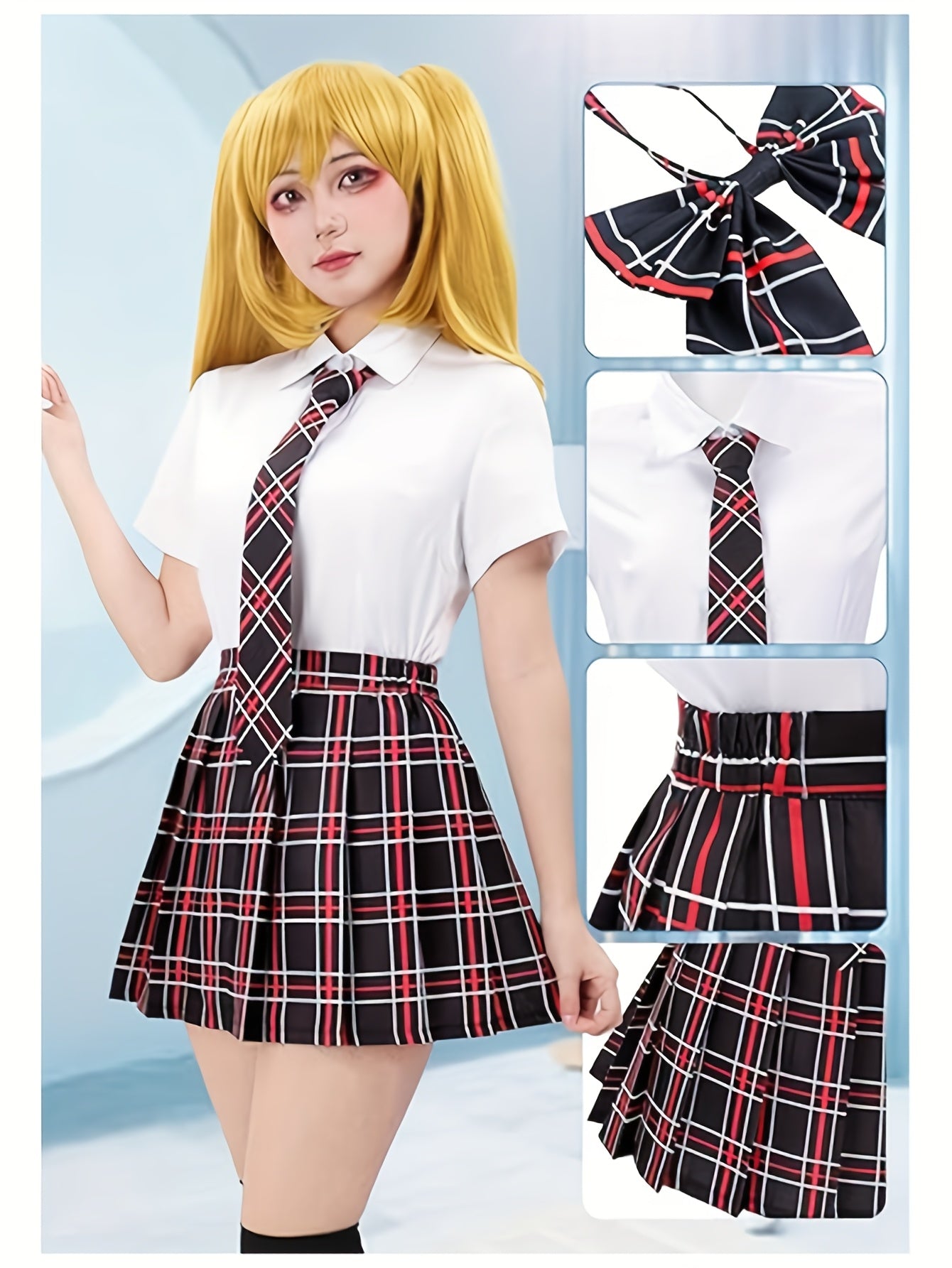 [5pcs Cosplay Costume Set] 5pcs Women's Japanese Uniform Cosplay Costume Set - Plaid Bow Tie, Asymmetrical Japanese Anime Outfit with Matching Attire (Full 5pcs Ensemble)