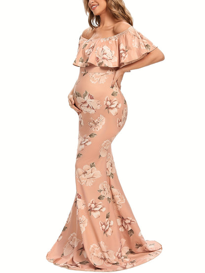 Womens Off Shoulder Maternity Dress Ruffles Elegant Slim Gowns Fit Maxi Photography Dress