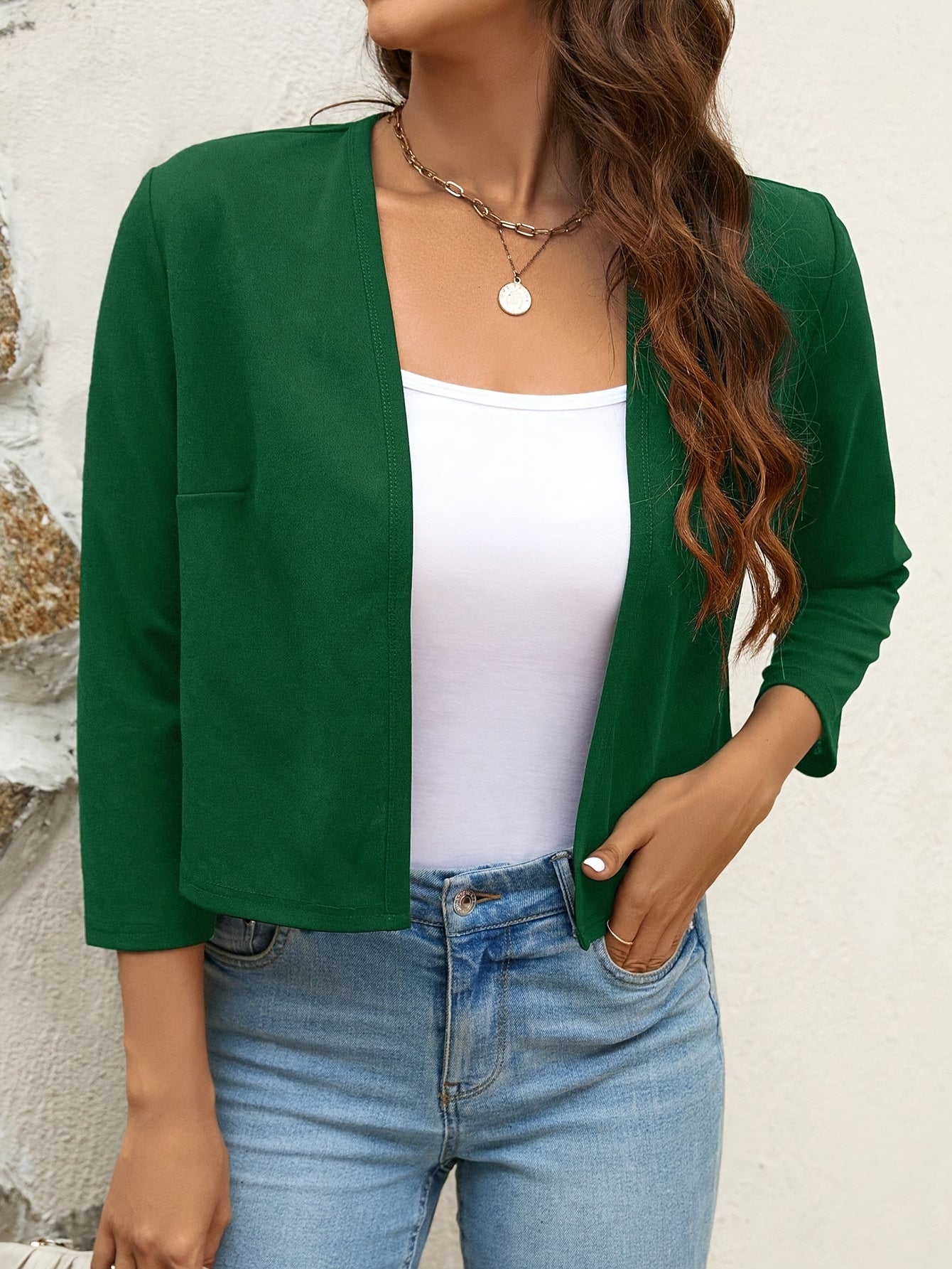 Solid Color Open Front Jacket, Casual Long Sleeve Jacket for Fall & Winter, Women'S Clothing