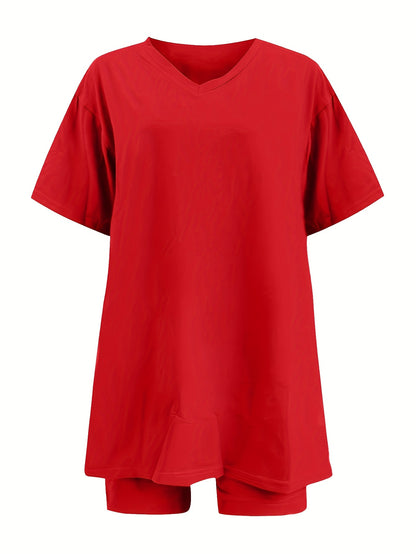 2pcs Set, Plus Size Women's Suit, Short Sleeve, Belted Waist, Top And Leggings
