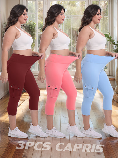 3-packs High Waist Yoga Capri Pants 3pcs Capri Pants Set, 4 Way Stretch Butt Lifting Tummy Control, 4 Button Pockets Workout Running Sports Pants