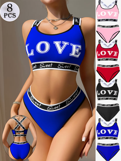 8pcs 8 Pack Women Crisscross Back Push Up Bra & Panty Sets, Soft Quick Dry Breathable Sports Lingerie, Contrast Color Straps Low Rise Underwear, Women'S Sexy Lingerie & Underwear