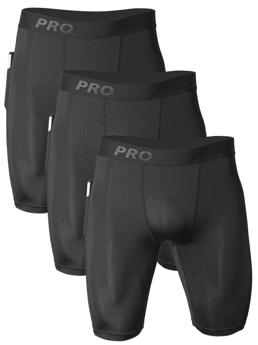3pcs PRO Men's Athletic Boxer Briefs - Moisture-Wicking Quick-Dry Polyester, Stretchy Breathable Fabric with Side Pockets & Crotch Protection for Running, Gym, Fitness - Black, Running Gear, Sporty Style, Durable Construction, Sports Underwear, Active Men