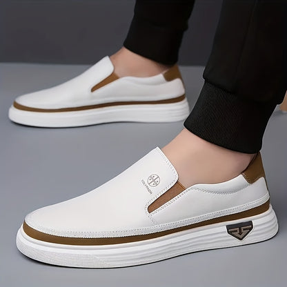 Men's White/Brown/Golden Slip-On Loafers with Non-Slip PVC Sole - Soft Synthetic Upper, Round Toe Unisex Casual & s Suitable for Daily Wear, Vacation, Year-Round Use - All-Season Comfortable Loafers