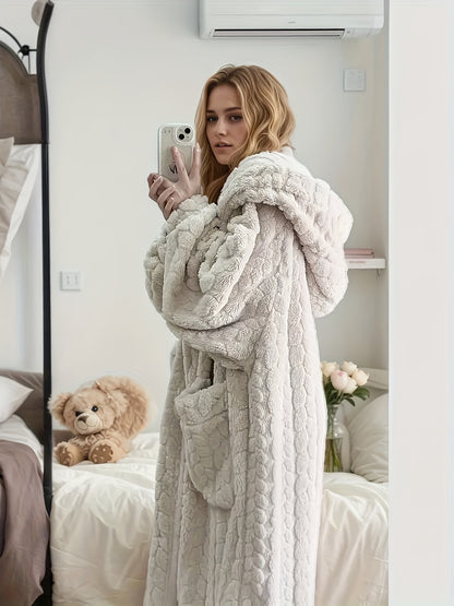 New Autumn And Winter Women's Hooded Coral Pajamas, Thickened And Flannel Home Sleep Dress, Bathrobe, Long Cute Sweet Home Wear Lazy Women's Robe, Can Be Worn Outside As Home Wear, Thickened Long Hooded Winter Robe for Women