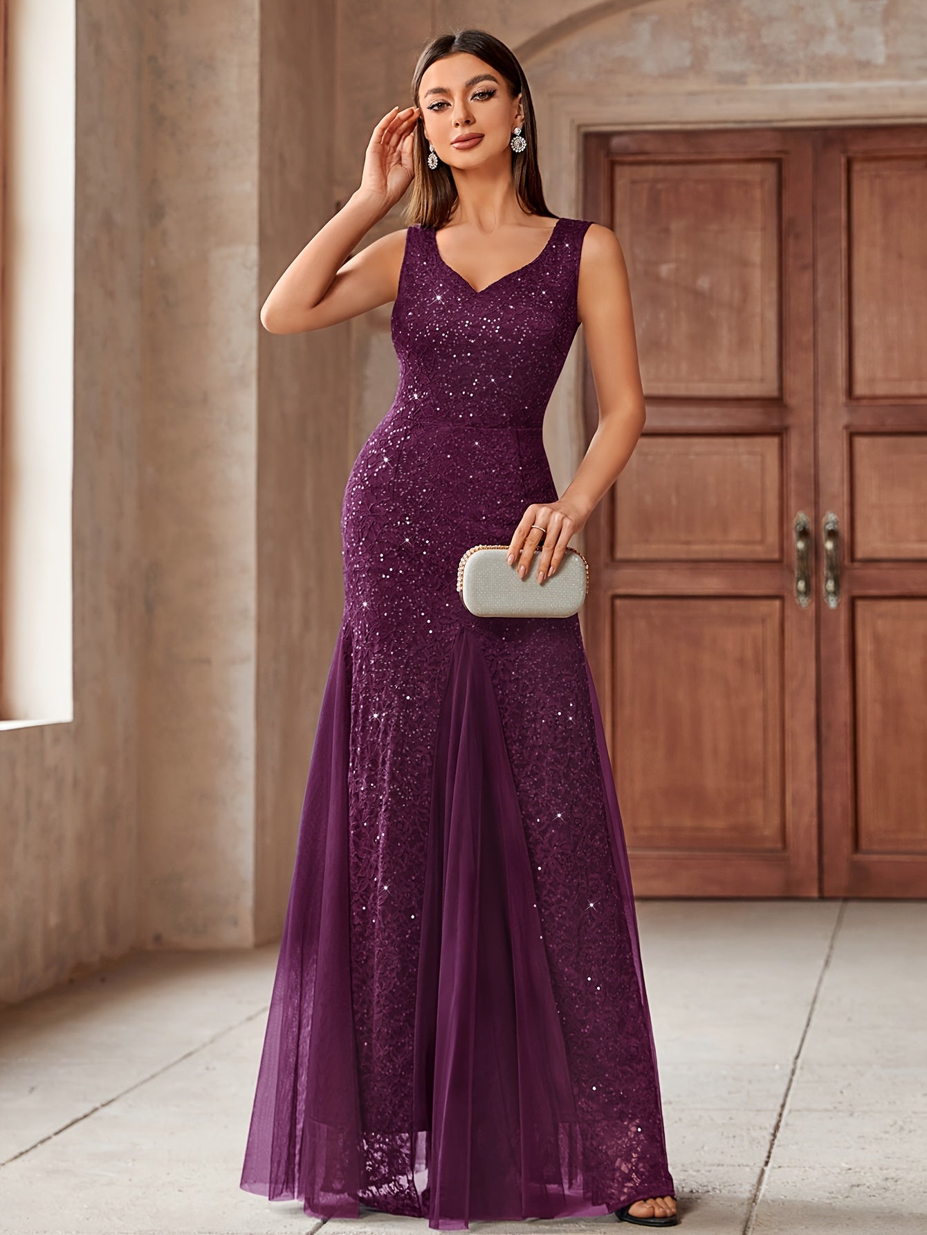 23218 Elegant Women's Sequin Lace Long Evening Bridesmaid Dress, Sweetheart Neckline Sleeveless Design with Slit Tulle Mermaid Hem, Perfect for Formal Wedding Party