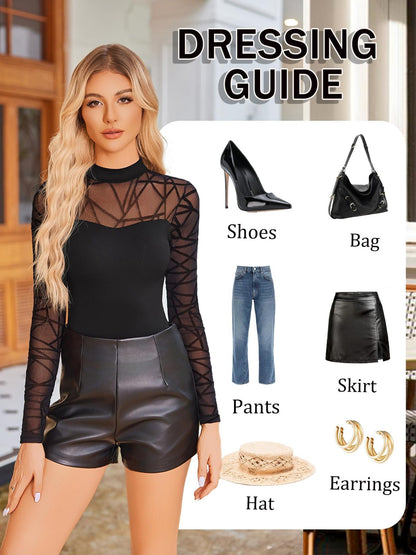 Sexy Mock Turtle Neck Sheer Mesh Long Sleeve Bodysuit Shirts Ruched Body Suit Leotard Tops