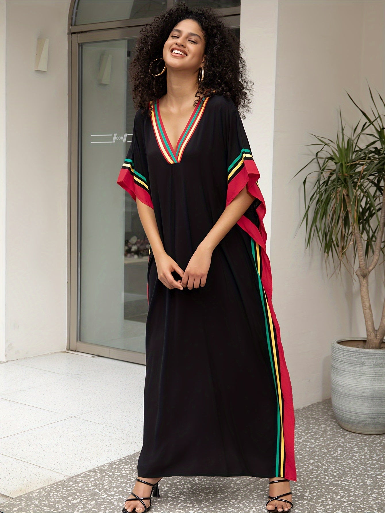 Women'S Casual Kaftan Dress, Plus Size Batwing Sleeve V Neck Maxi Dress