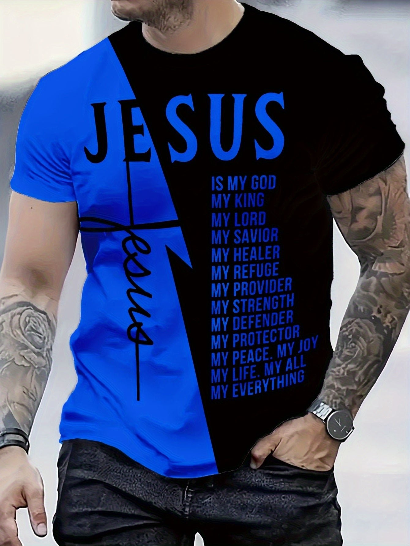 Men'S T-Shirt Featuring a Design - Black with a Yellow Cross And The Word ' ' in 3D Letters, Short Sleeves And a Crew Neck, Ideal for Casual Outdoor Wear Throughout The Year, a Great Gift for Him, Motivational Apparel