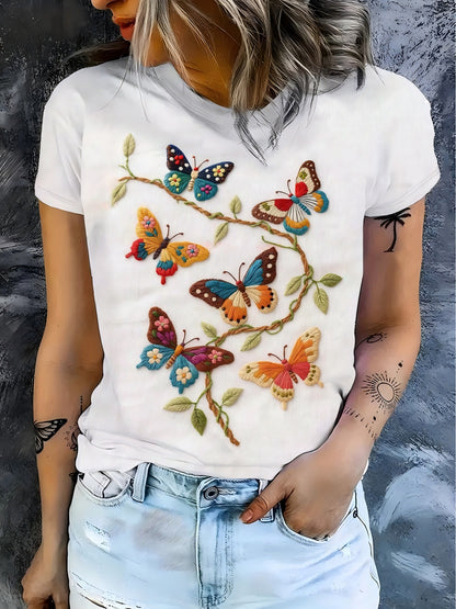 Forest Style Butterfly Wreath Short Sleeve T-Shirt Round Neck Loose White Top Artistic Retro Gentle Style Niche Design Short Sleeve