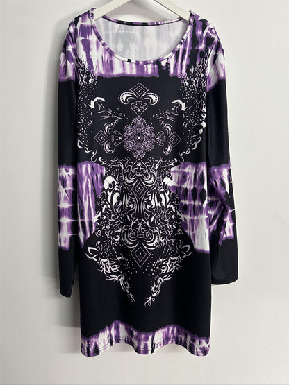 Plus Size, Plus Size Boho Top, Women's Plus Tie Dye Arabesque Print Long Sleeve Round Neck Slight Stretch Tunic Top