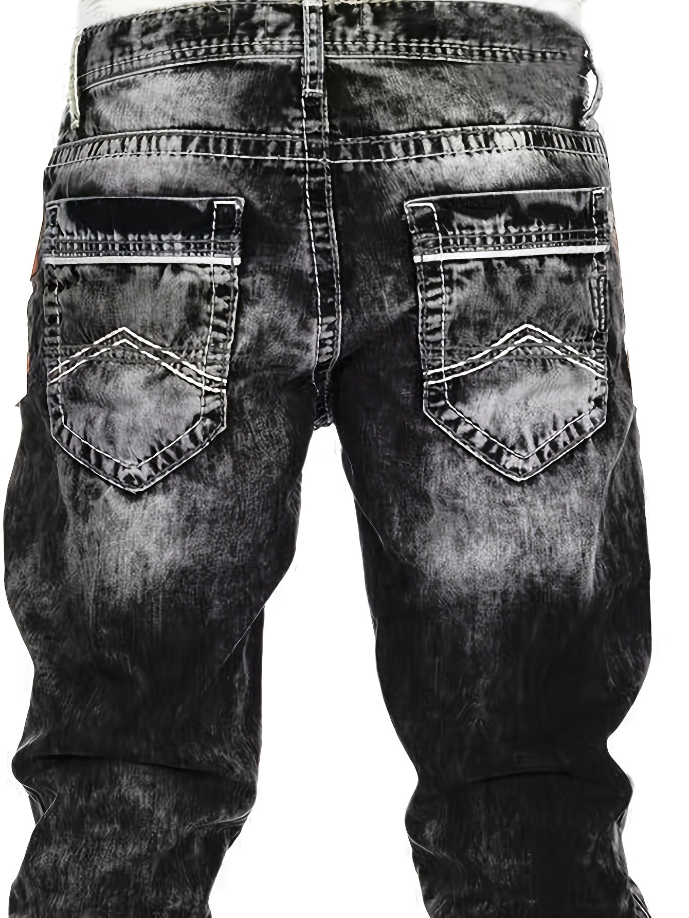Men's Slim-Fit Straight-Leg Distressed American Snowflake Jeans - Vintage Wash Blue Denim Pants with Snowflake Pattern, Streetwear Style All-Season Casual Wear, Durable Fabric & Hand Washable