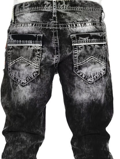 Men's Slim-Fit Straight-Leg Distressed American Snowflake Jeans - Vintage Wash Blue Denim Pants with Snowflake Pattern, Streetwear Style All-Season Casual Wear, Durable Fabric & Hand Washable