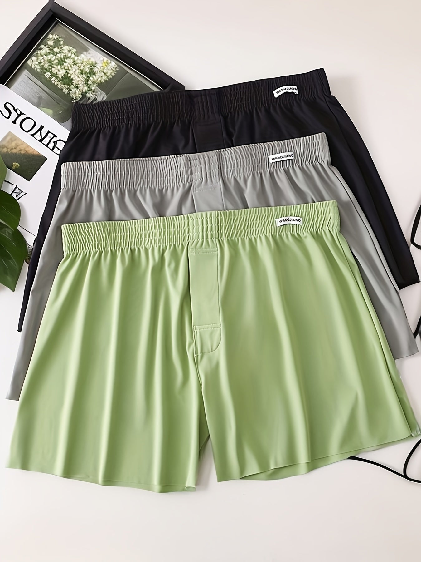 3pcs of New Men'S Polyamide Shortie Pants with Medium Stretch, Solid Color, Lycra Blend, Daily & Casual Wear, Loose Fit, Woven Fabric, 170 g/m虏 Weight