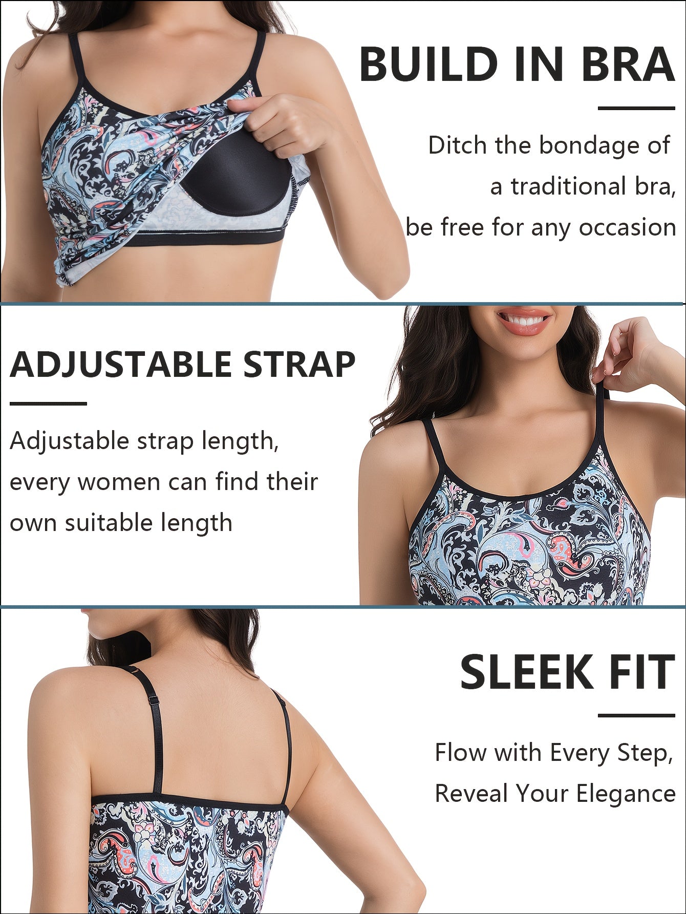 Women's Sleeveless Built-In Bra Tops - Adjustable Spaghetti Strap Layering Tanks/Pajamas, Breathable And Comfortable In Ultra-Soft Seamless Fabric, Ideal for Fall Winter Layering, Perfect for Casual, Formal, Occasions(Black, Turquoise, Orange)