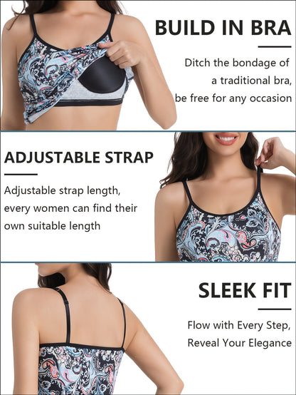 Women's Sleeveless Built-In Bra Tops - Adjustable Spaghetti Strap Layering Tanks/Pajamas, Breathable And Comfortable In Ultra-Soft Seamless Fabric, Ideal for Fall Winter Layering, Perfect for Casual, Formal, Occasions(Black, Turquoise, Orange)