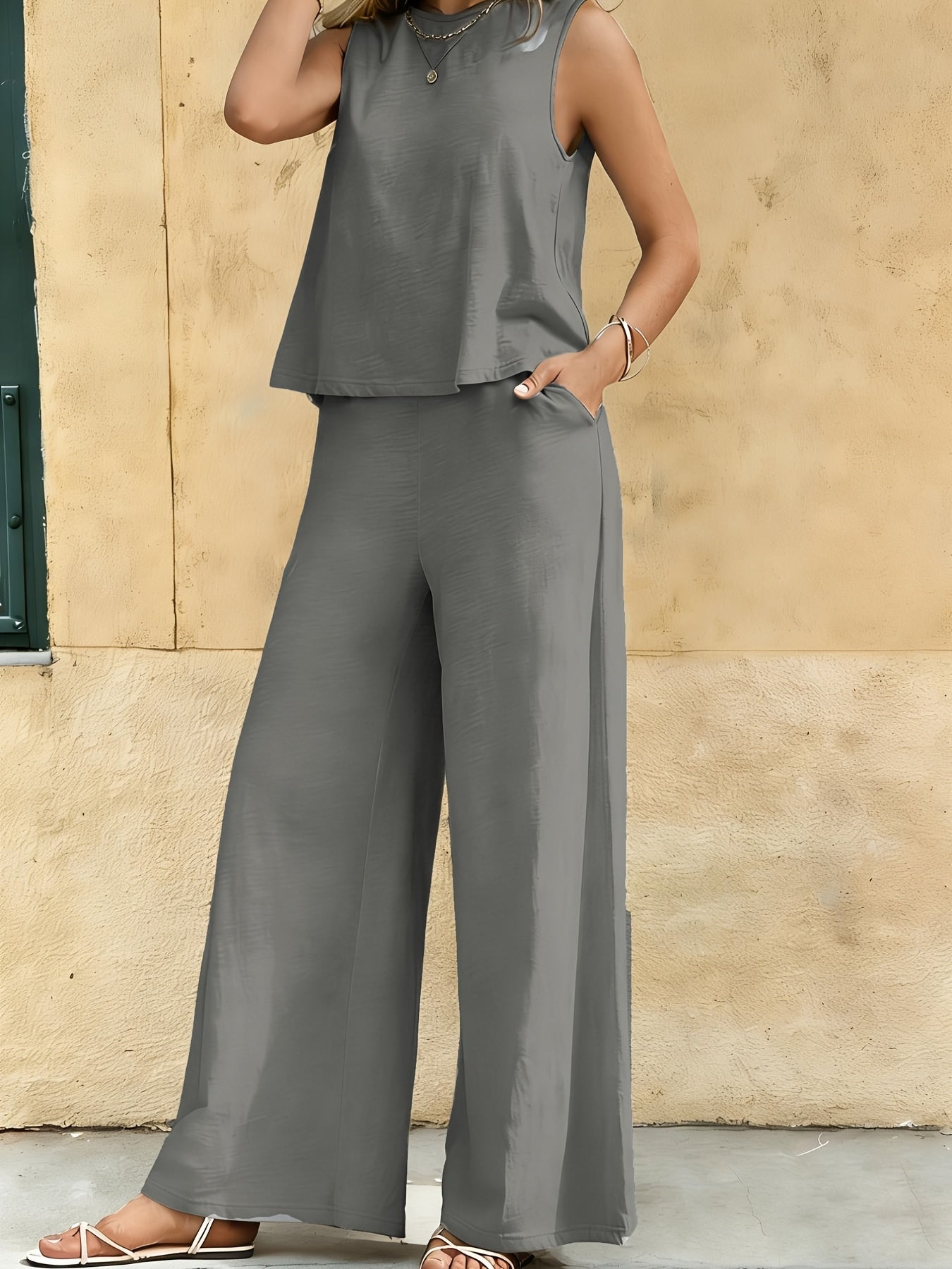 Solid Elegant 2pcs Set, Tank Top & Wide Leg Pants with Pockets Outfits, Women 2pcs Outfits