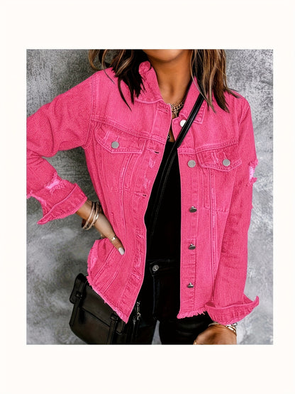 Women's Ripped Washed Button-Up Denim Jacket Coat with Pockets, Casual Classic Distressed Denim Outerwear TZ001