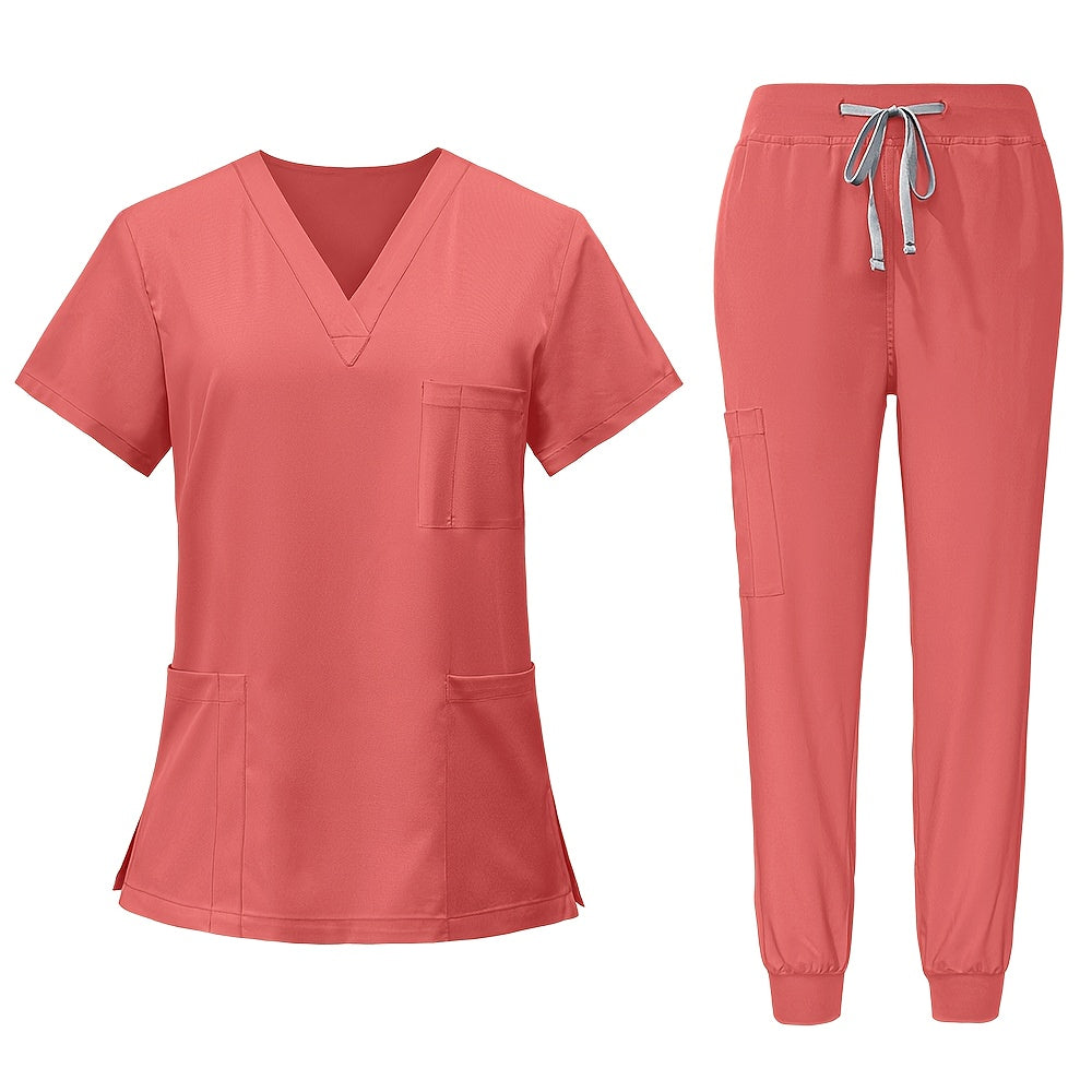 [2pcs Scrub Suit Set] Ships From The United States] 2pcs Set Scrub Suit Set for Women Modern V-neck Top T-shirt & Tapered Leg Jogger Pants with Drawstring Nursing Uniforms Set Suitable for Pet Hospitals, Dental Clinics, Nursing Work, Etc