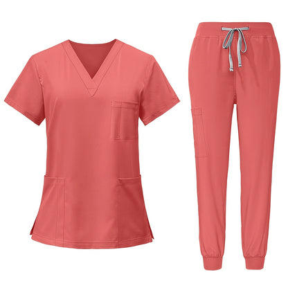 [2pcs Scrub Suit Set] Ships From The United States] 2pcs Set Scrub Suit Set for Women Modern V-neck Top T-shirt & Tapered Leg Jogger Pants with Drawstring Nursing Uniforms Set Suitable for Pet Hospitals, Dental Clinics, Nursing Work, Etc