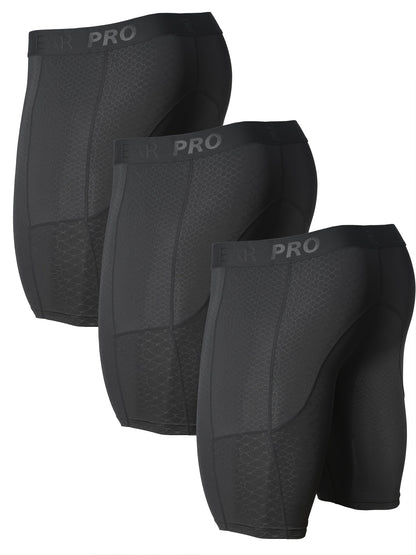 3pcs PRO Men's Athletic Boxer Briefs - Moisture-Wicking Quick-Dry Polyester, Stretchy Breathable Fabric with Side Pockets & Crotch Protection for Running, Gym, Fitness - Black, Running Gear, Sporty Style, Durable Construction, Sports Underwear, Active Men