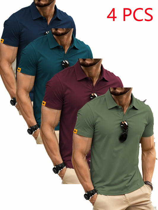 4pcs Men's Solid Color Short Sleeve Golf T-Shirt Set, Suitable for Business And Outdoor Sports