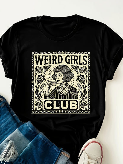 Large size Weird Club Graphic Print T-Shirt, Short Sleeve Crew Neck Casual Top for Summer and Spring, Women's Clothing, Birthday Gift, Friend Gift, Sister Gift