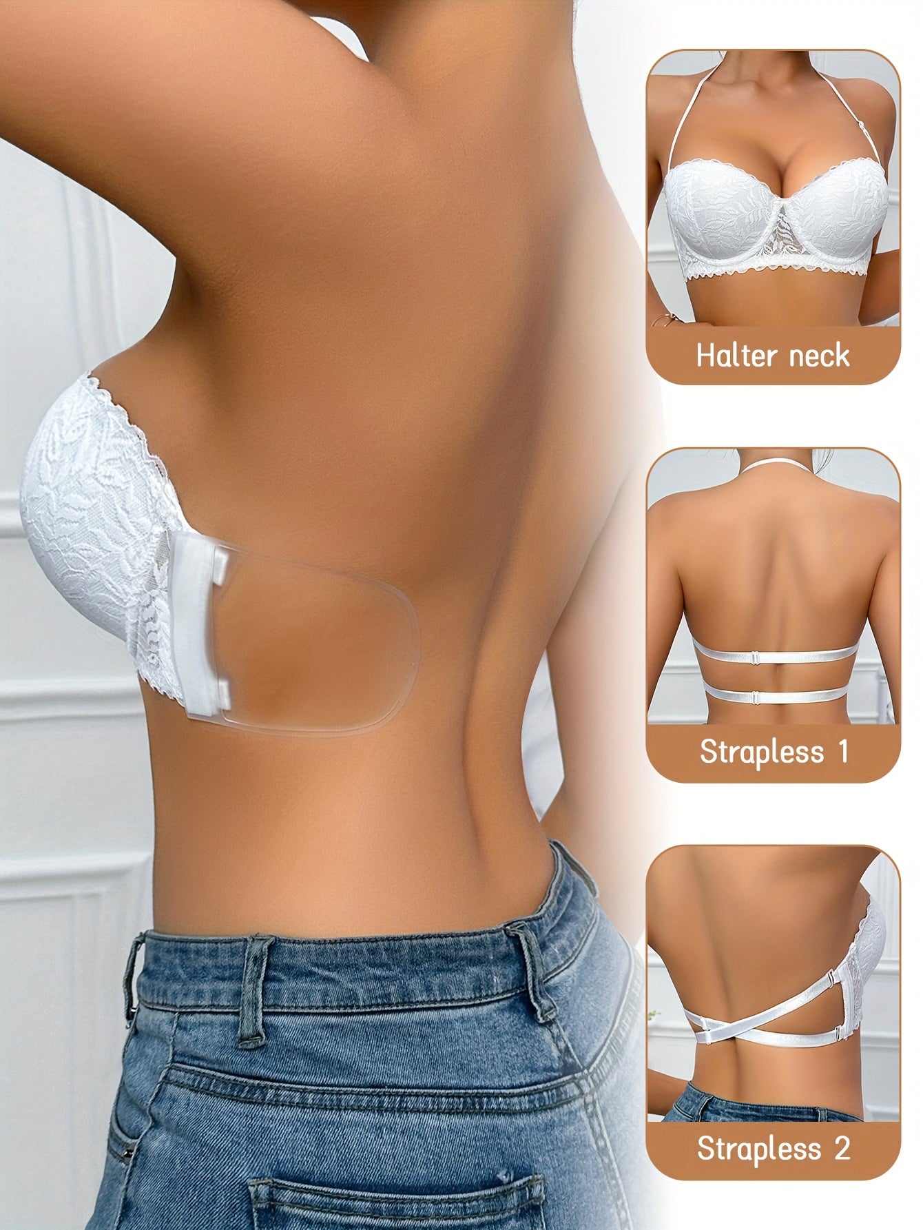 Summer Women's Sexy Lace Half-Cup Shoulderless Bra - Back Support, Back Cross Straps Create Beautiful Back Lines, Silicone Invisible Bra, Non-detachable Cups - Shipped From Local Warehouse