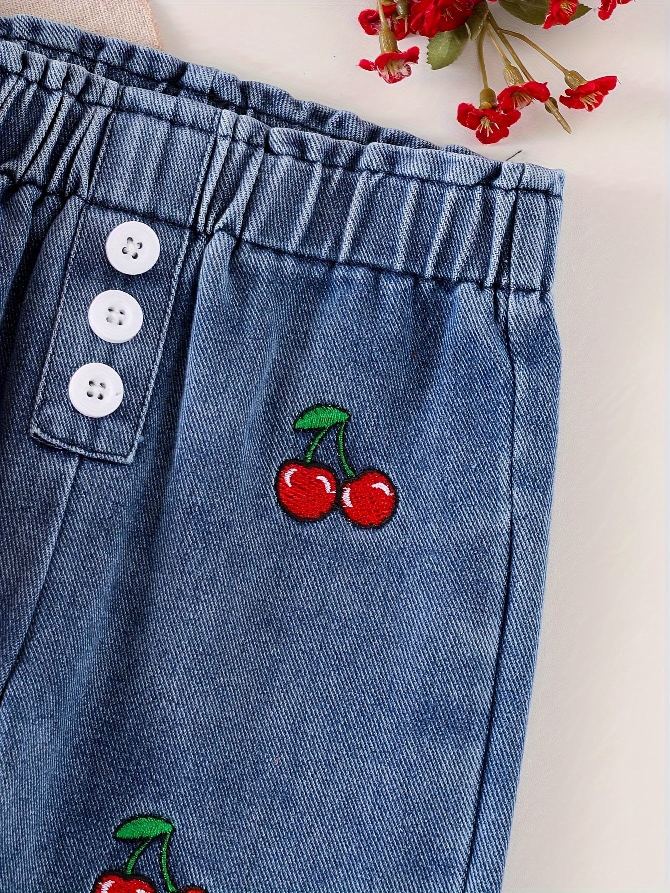 2pcs Baby Girls Set Notched Collar Ribbed Long Sleeve Faux Two-Piece Polo Shirt Cherry Embroidery Straight Leg Jeans Spring Fall Cute Casual Outdoor, for Outdoor