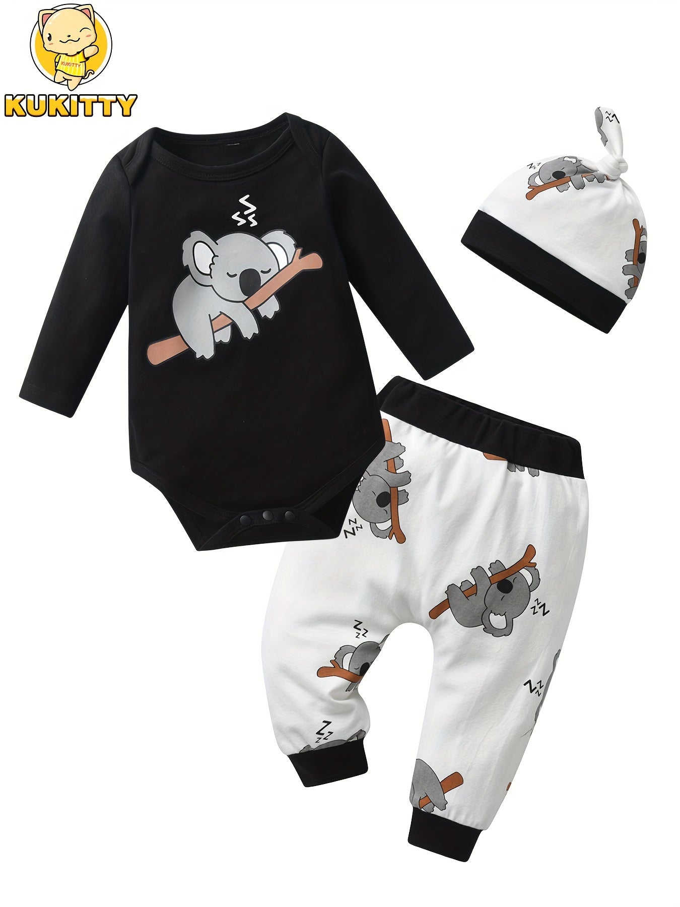 KuKitty Newborn Baby Boy Clothes Infant Boys Long Sleeve Cartoon Print Romper Pants Hat 3pcs Outfits Set