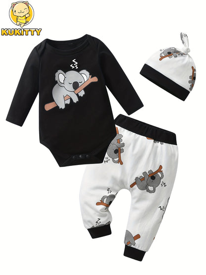 KuKitty Newborn Baby Boy Clothes Infant Boys Long Sleeve Cartoon Print Romper Pants Hat 3pcs Outfits Set