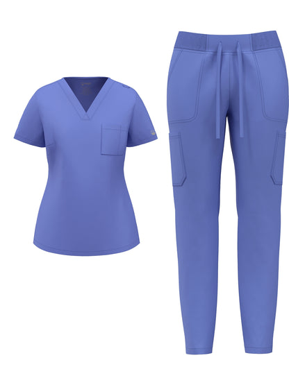 Women's Scrub Pants Set, Elastic Breathable Polyester Spandex Blend, V-Neck Short Sleeve with Pocket, Solid Color, for Work