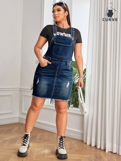 Plus Size Denim Pinafore Dress with Adjustable Straps & Distressed Design - Mid-Length -Line Dress Suitable for Spring Summer Fall, Casual to Dressy Outfits, Machine Washable Denim Dress