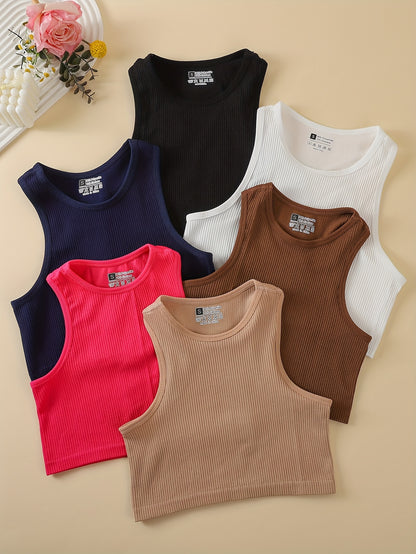 6pcs Women's Non-Padded Sports Bralette Tops, Crop Tops for Women Sexy Sleeveless Moisture-Wicking Cropped Tank, Breathable Gym to Street Seamless Camisoles, Everyday Comfort Workout Crop Top