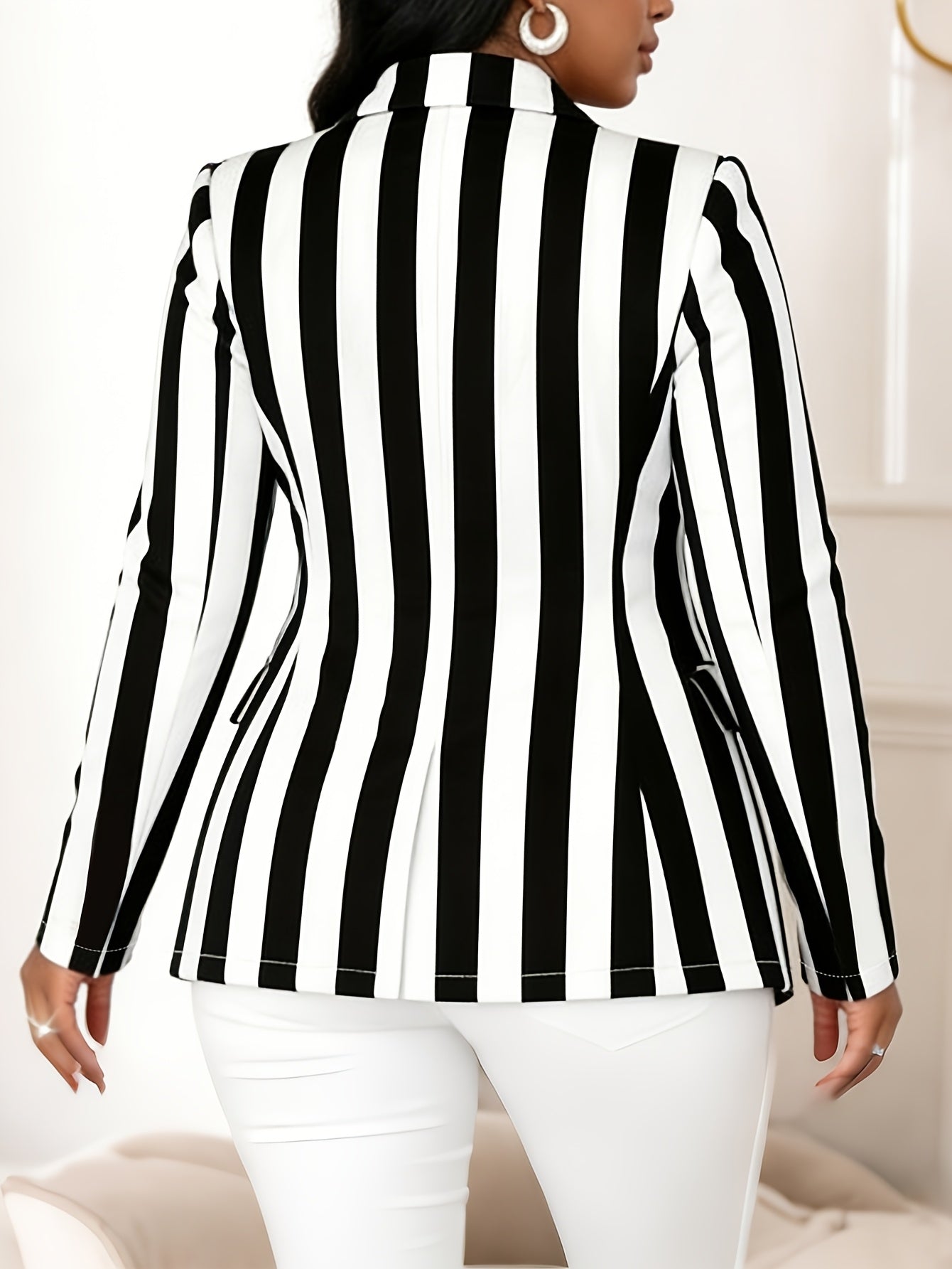 Double Button Lapel Collar Striped Blazer, Stylish Long Sleeve Split Blazer For Spring & Fall, Women'S Clothing