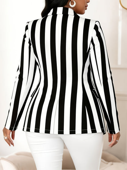 Double Button Lapel Collar Striped Blazer, Stylish Long Sleeve Split Blazer For Spring & Fall, Women'S Clothing