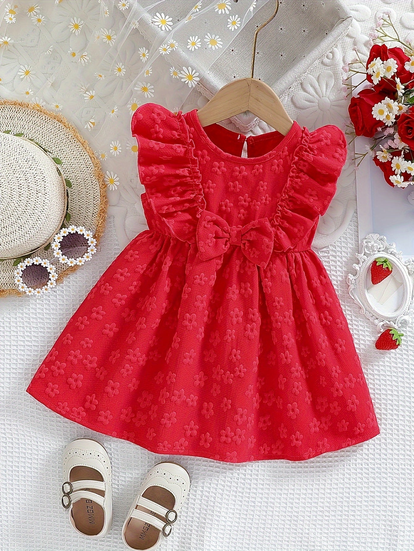 Baby Girl Clothing, Baby Products, Newborn Baby Girl Clothing, Baby Girl Summer Versatile And Cute Round-neck Plain-color Ruffled Floral Princess-style Dress. Baby Girl Casual Dress. Back-to-school Promotion. Valentine's Day Gift.